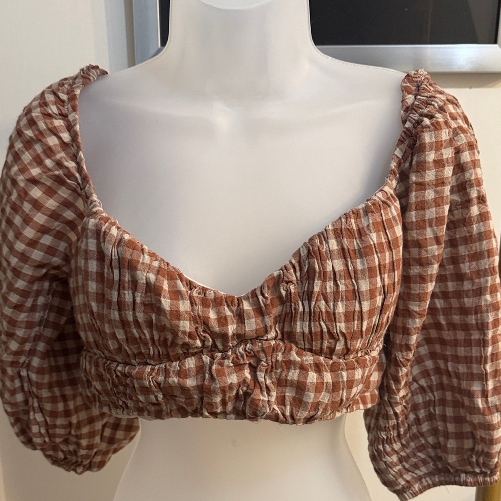 Olivaceous Brown Gingham Puff Sleeve Crop Top